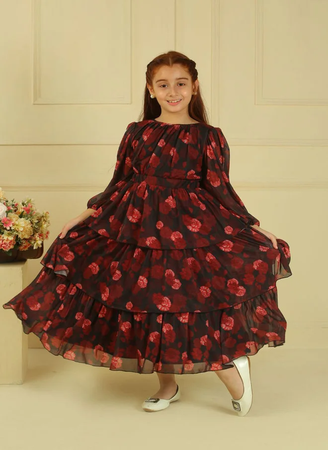 Luxe & Hardy فستان ماكسي مطبوع عليه زهور للبنات بأكمام منفوخة وطبقات، ضيق من الأعلى وواسع من الأسفل